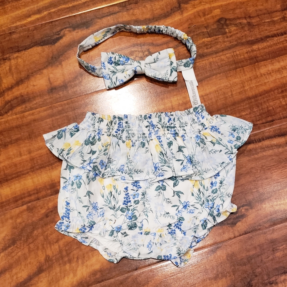 Janie and Jack NWT 12-18 months blue and yellow floral ruffle bloomers, headband